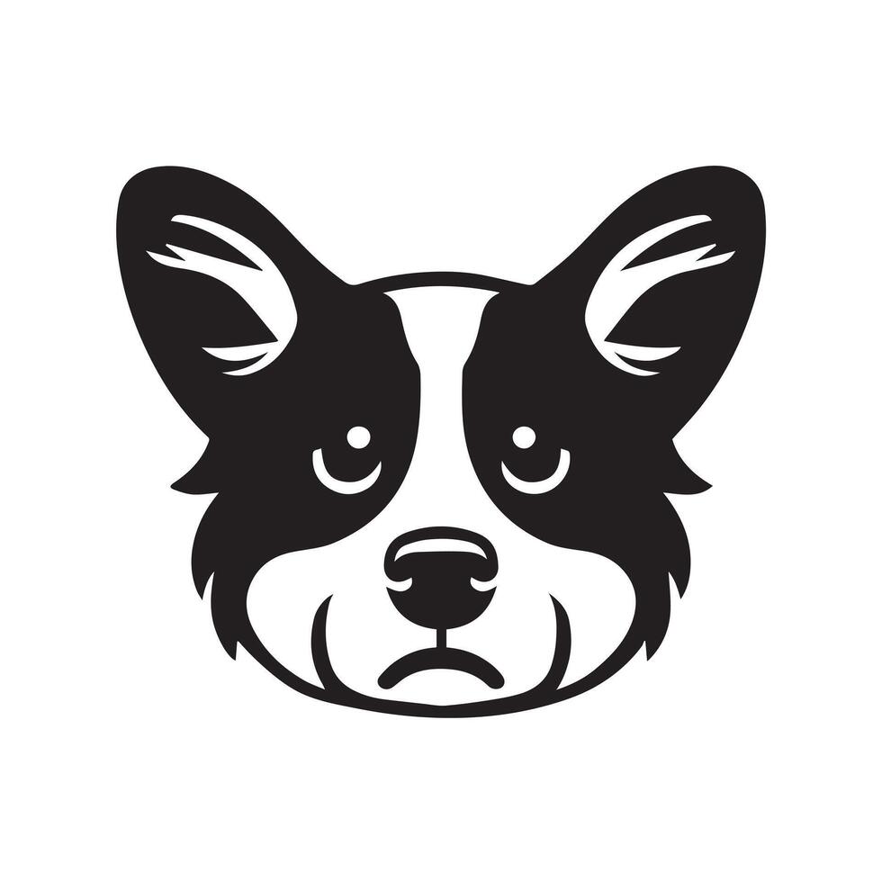 A Sad Welsh Corgi Dog face Illustration in black and white vector