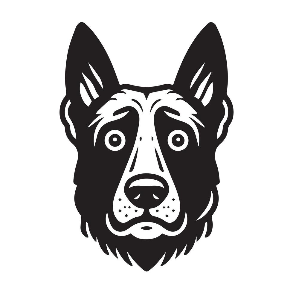 An Anxious Dutch Shepherd Dog face Illustration in black and white vector