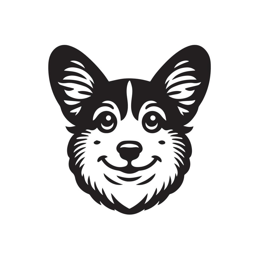 A Loving Welsh Corgi Dog face Illustration in black and white vector