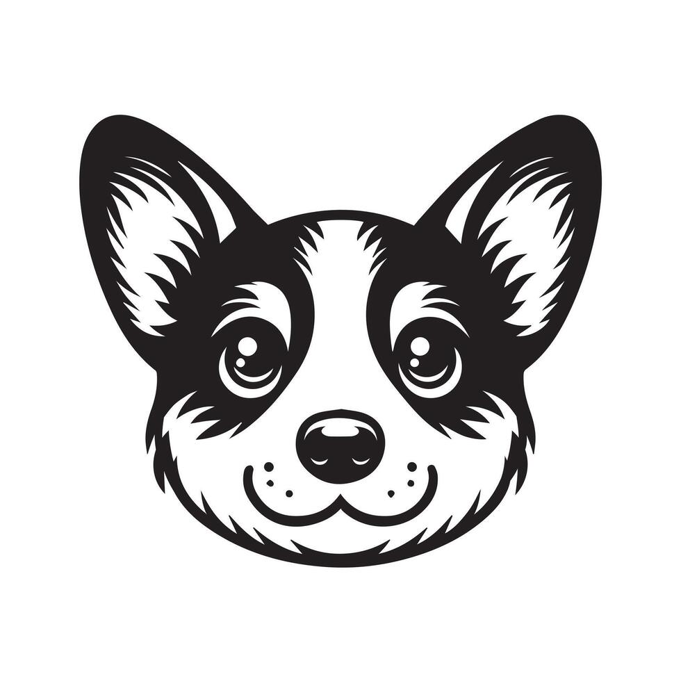 A Curious Welsh Corgi Dog face Illustration in black and white vector