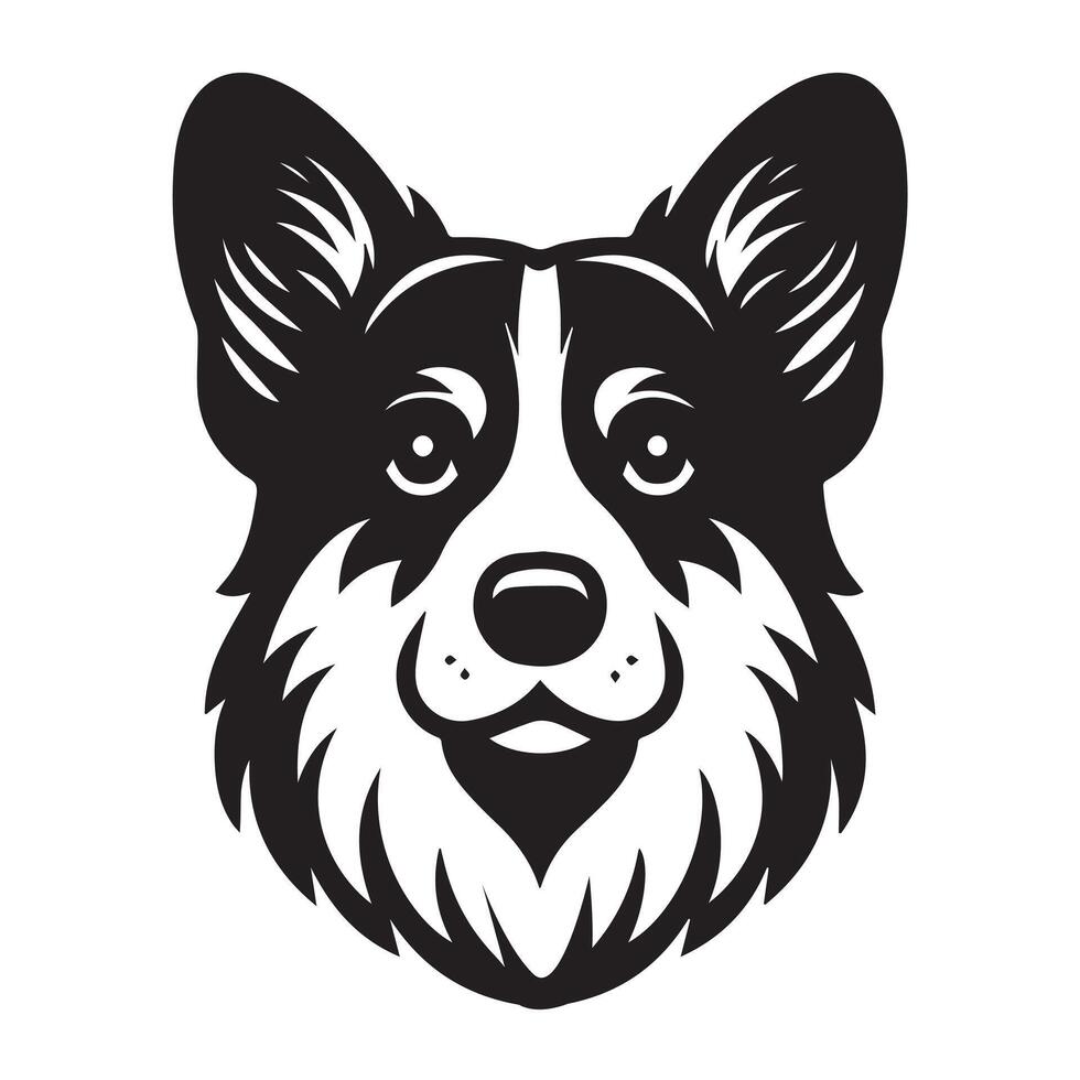 A Stoic Welsh Corgi Dog face Illustration in black and white vector
