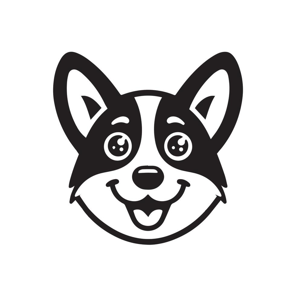 A Playful Welsh Corgi Dog face Illustration in black and white vector