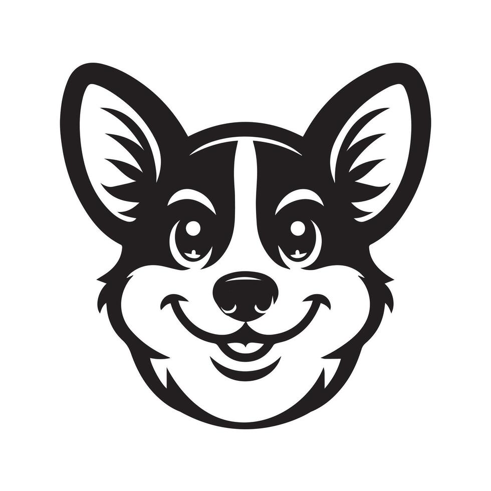 A Mischievous Welsh Corgi Dog face Illustration in black and white vector