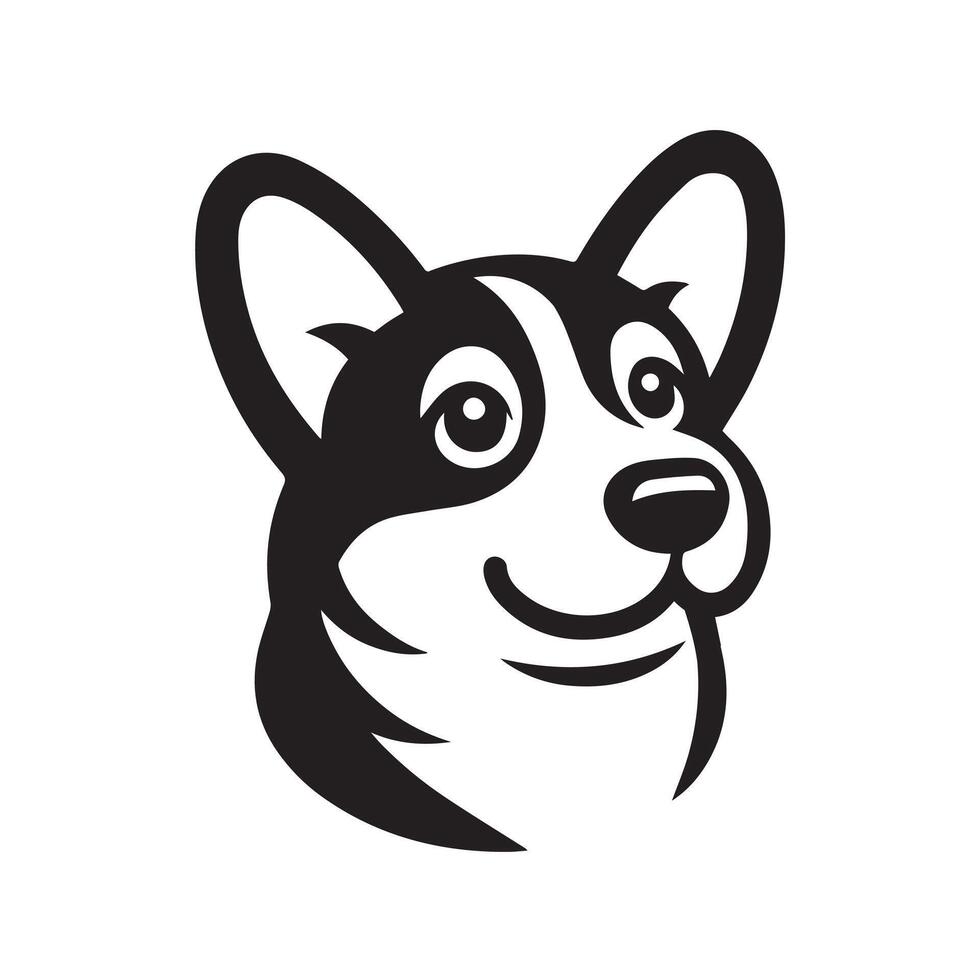 A Thoughtful Welsh Corgi Dog face Illustration in black and white vector