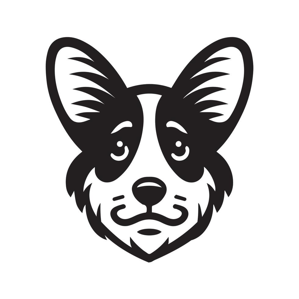 A Sorrowful Welsh Corgi Dog face Illustration in black and white vector