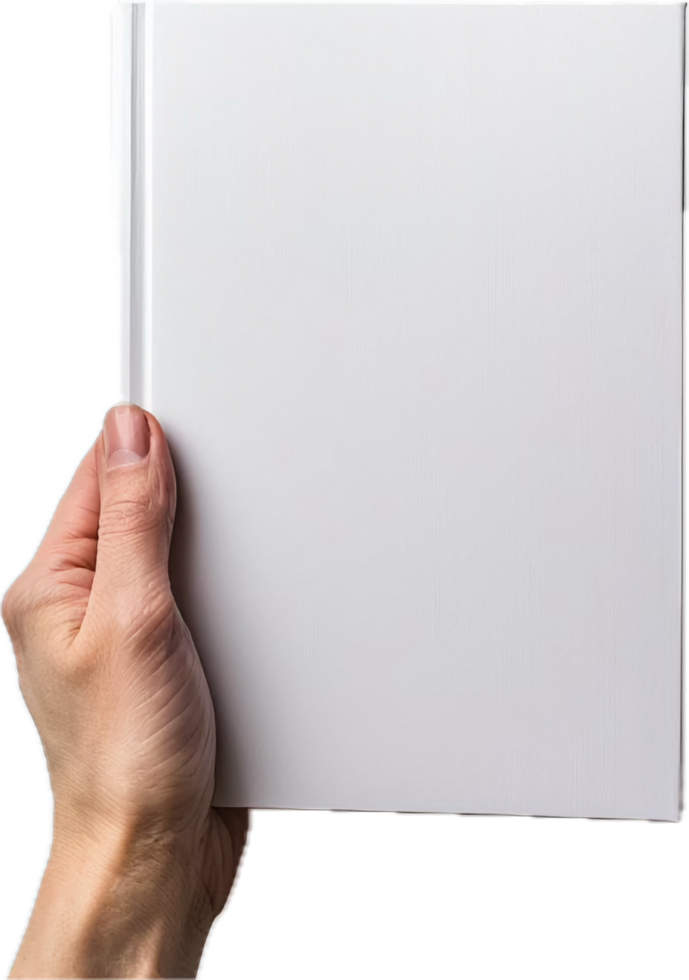 Hand Holding Blank White Book Cover. png