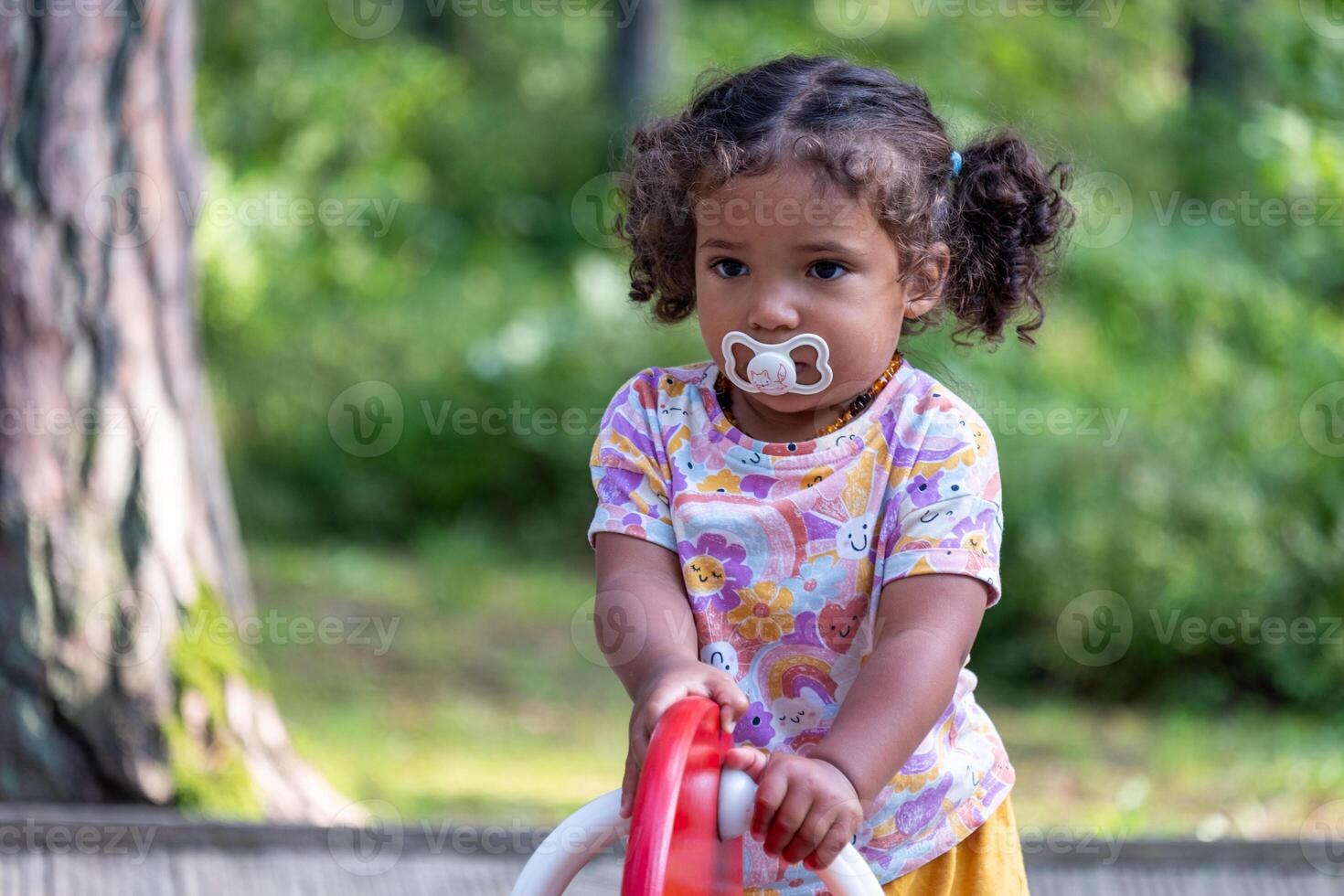 A thoughtful child with a pacifier, riding a toy in the park, captures a carefree summer moment, echoing the innocence of early childhood, and smartness from a young age. photo