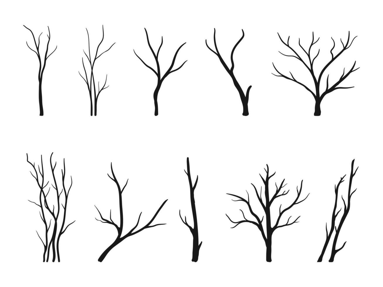 Set of naked trees silhouettes. Hand drawn dead tree vector