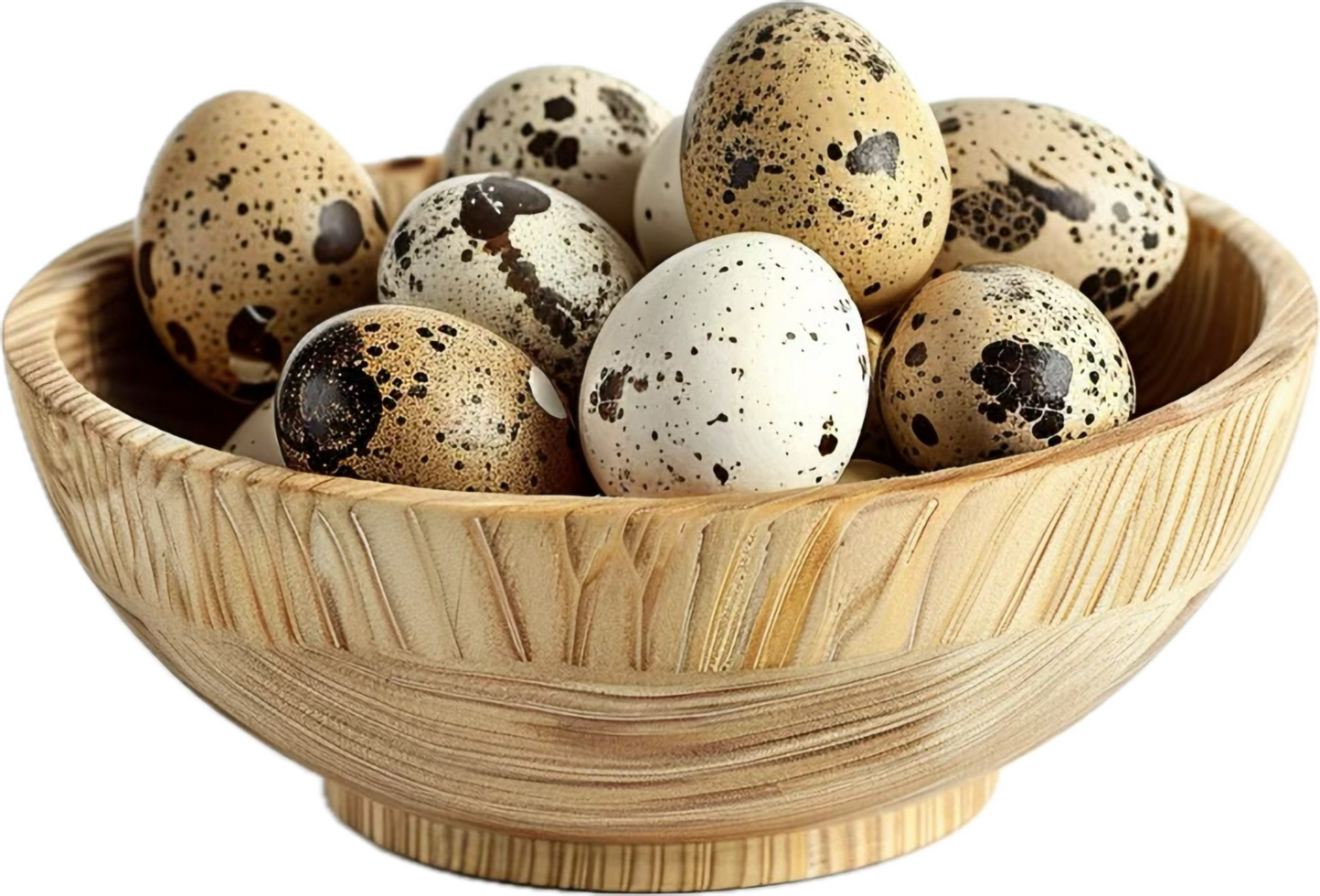Quail Eggs in Wooden Bowl Close-up. png