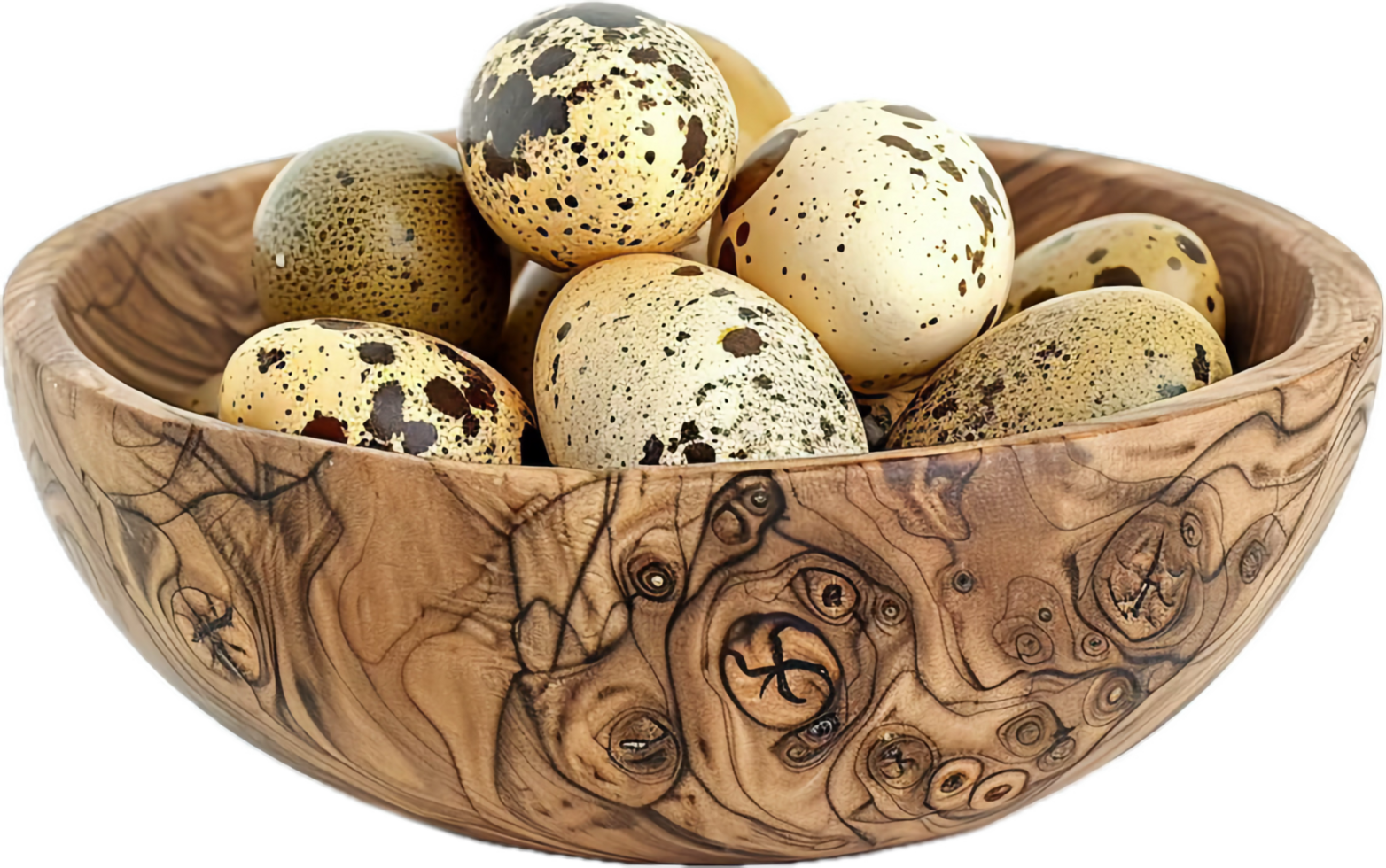 Quail Eggs in Wooden Bowl Close-up. png