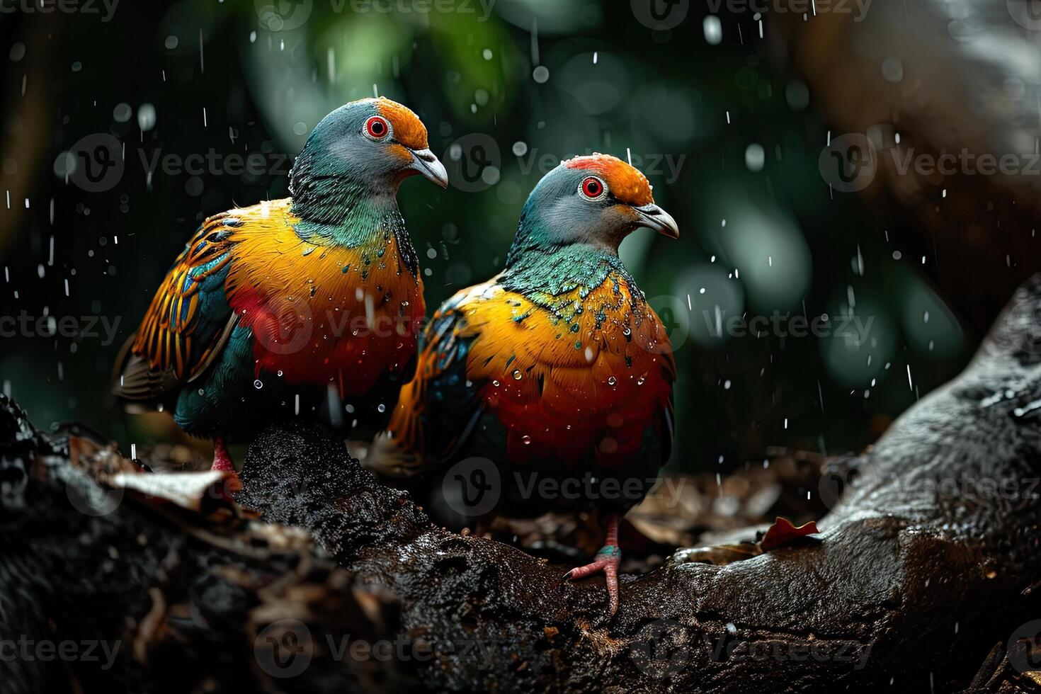A couple of Fruit Dove standing in small root in rain fall photo