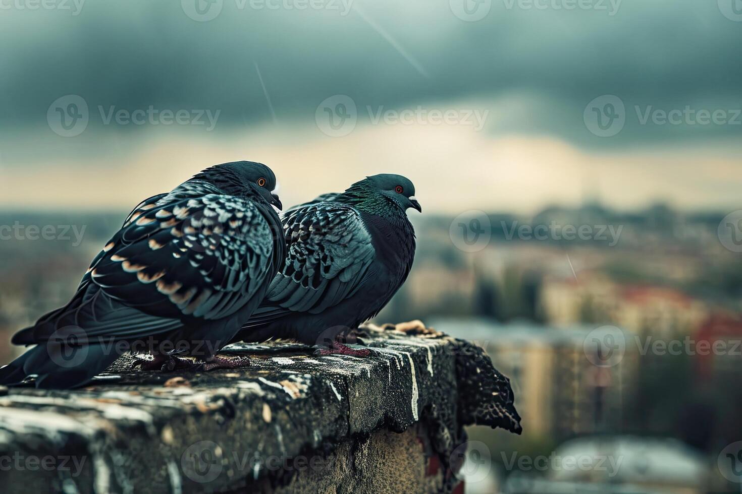 three pigeons sitting on the roofs photo