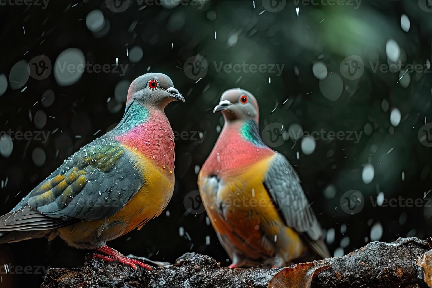 A couple of Pink-necked Green Pigeon standing in small root in rain fall with copy space on right side photo