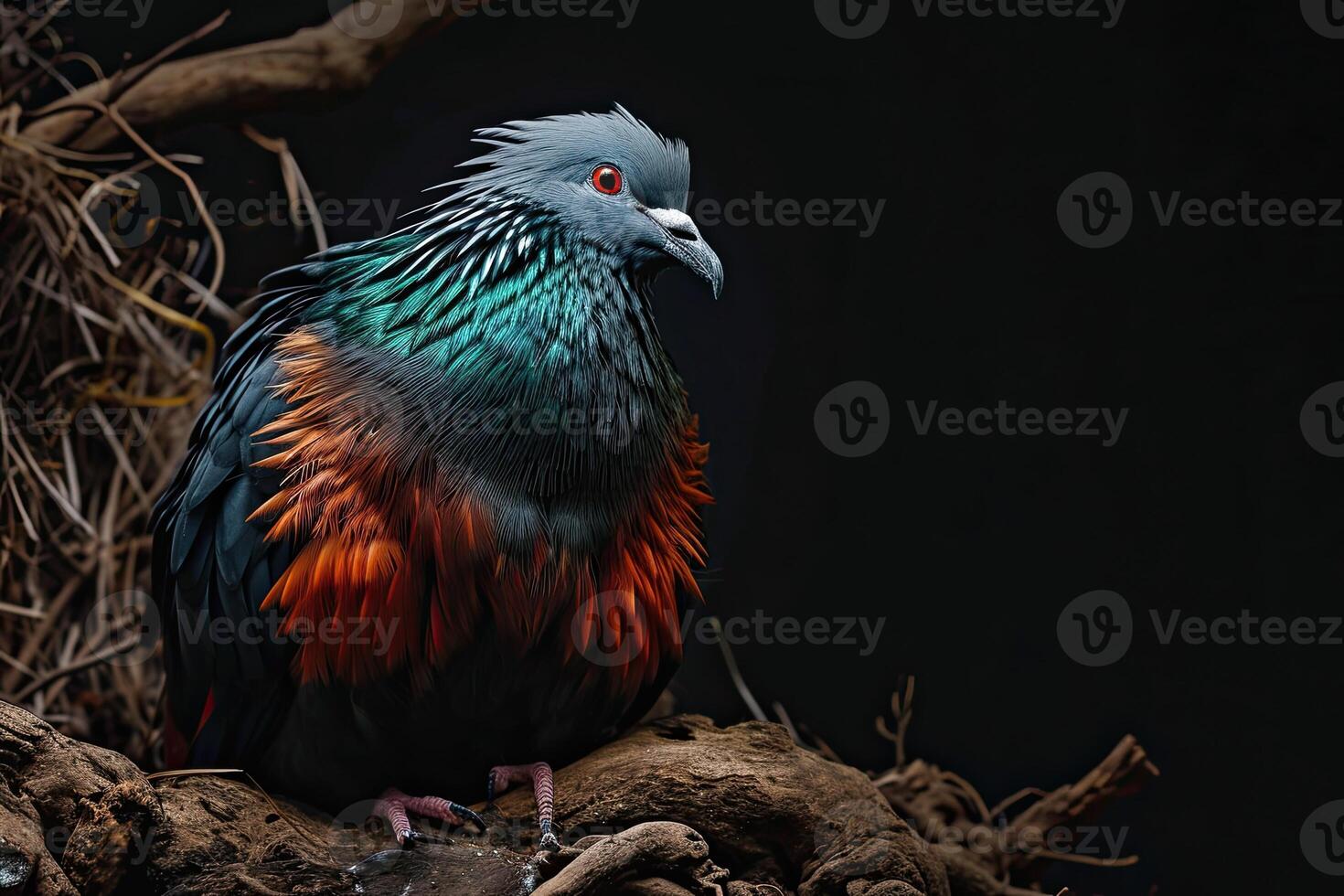 Mystic portrait of Nicobar Pigeon standing in small root in studio, photo
