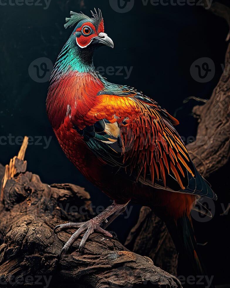 Mystic portrait of Nicobar Pigeon standing in small root in studio, photo