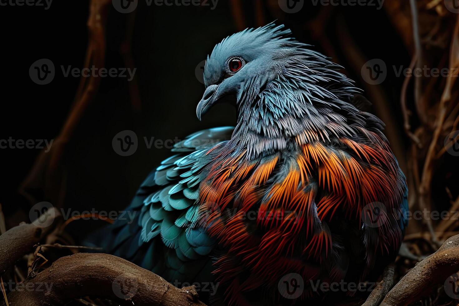 Mystic portrait of Nicobar Pigeon standing in small root in studio, photo