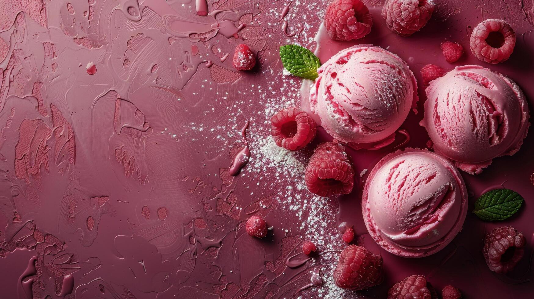 Three Scoops of Ice Cream With Raspberries on Pink Background photo