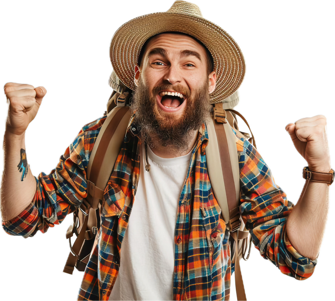 Smiling Hiker with Backpack and Hat. png