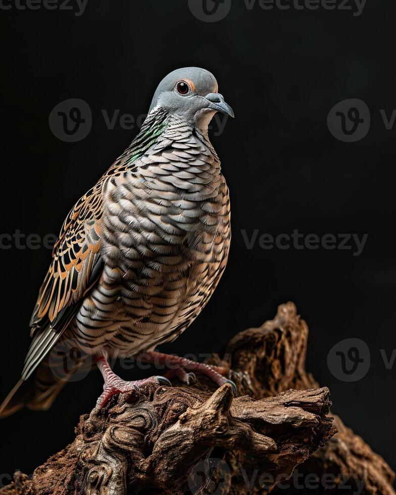 the Spotted Dove standing on small root, portrait view, dark background photo