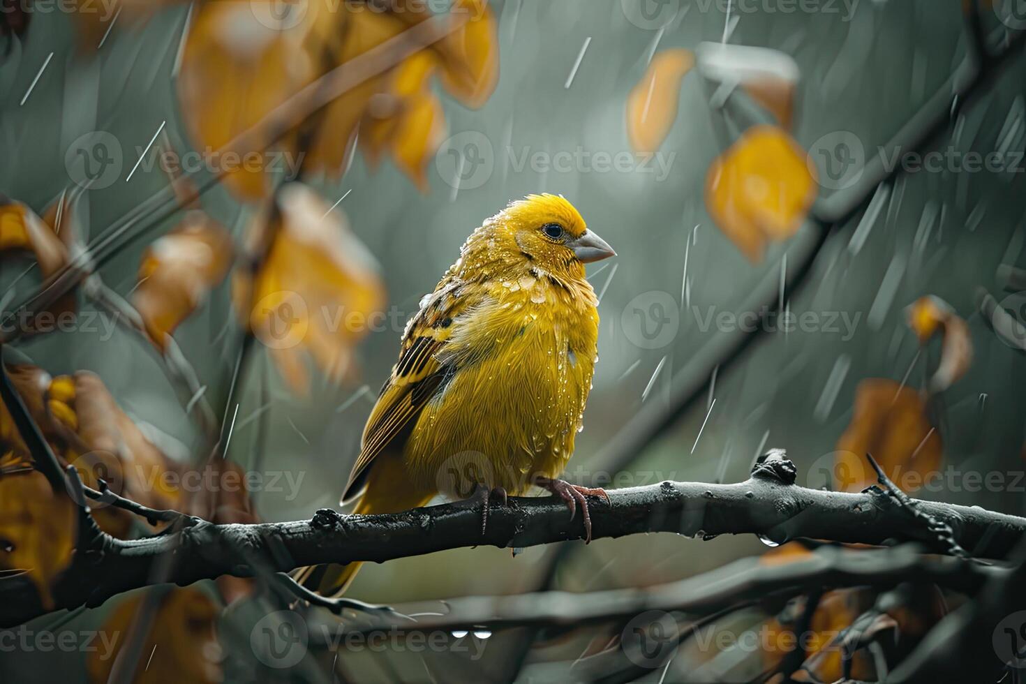 Canary Bird Isolated in rain fall forest background photo