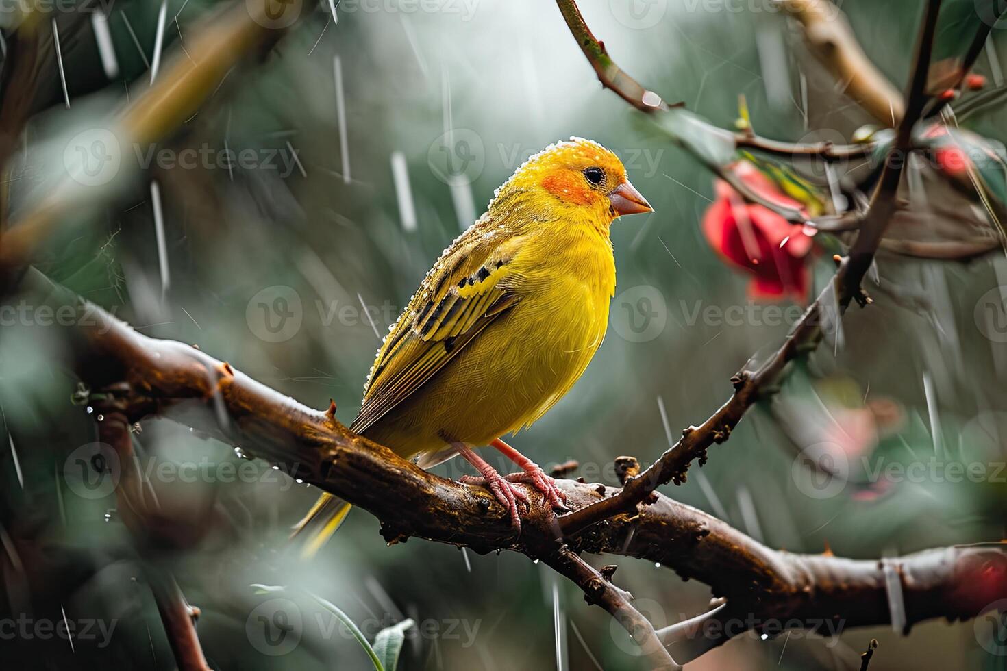 Canary Bird in rainfall forest background photo