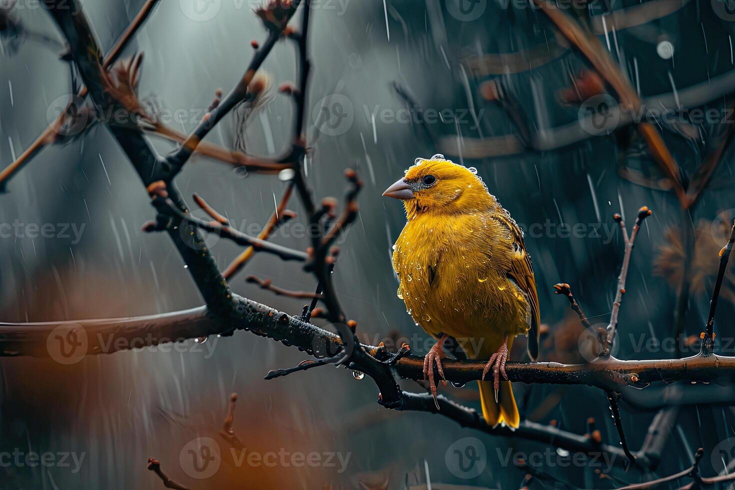 Canary Bird Isolated in rain fall forest background photo