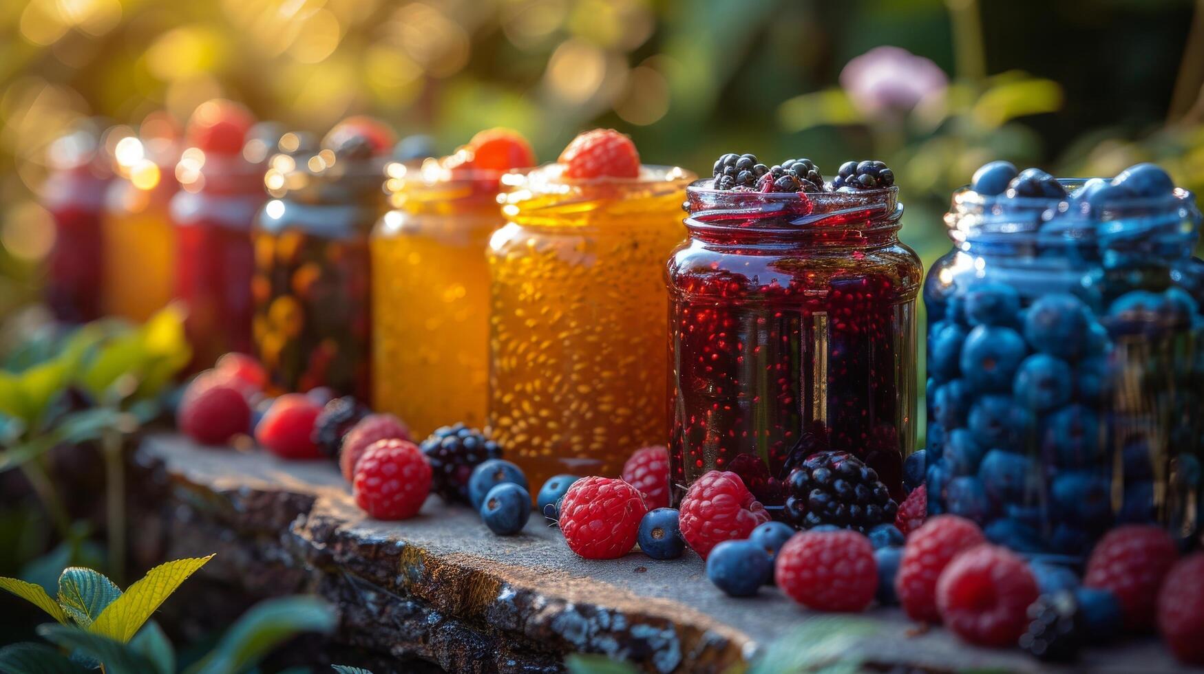 Row of Jars Filled With Berries and Blueberries photo