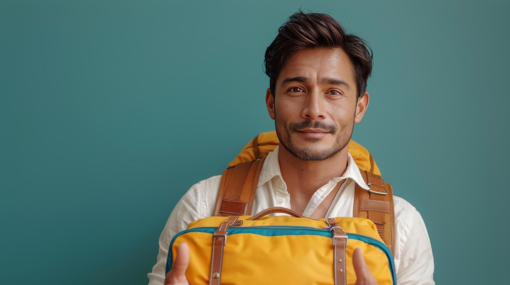 Man Holding Yellow Backpack Giving Thumbs Up photo