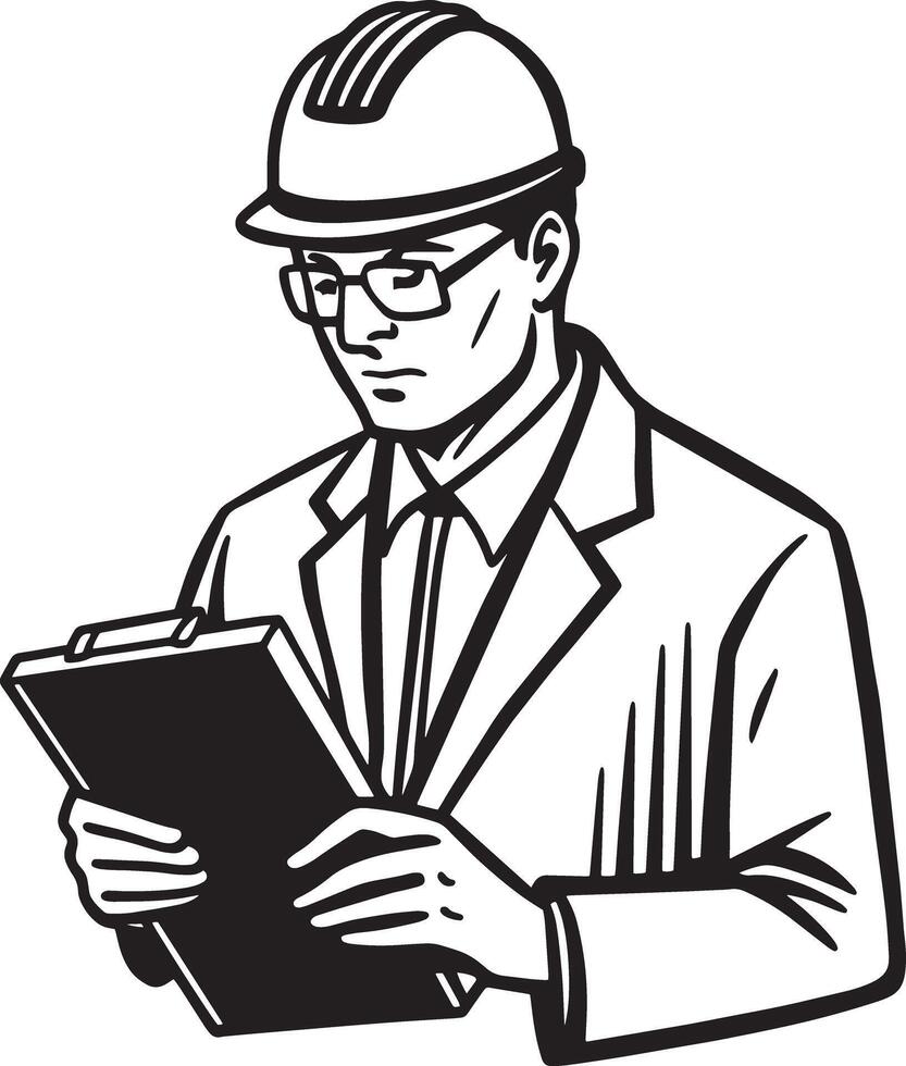 architect with blueprint illustration black and white vector