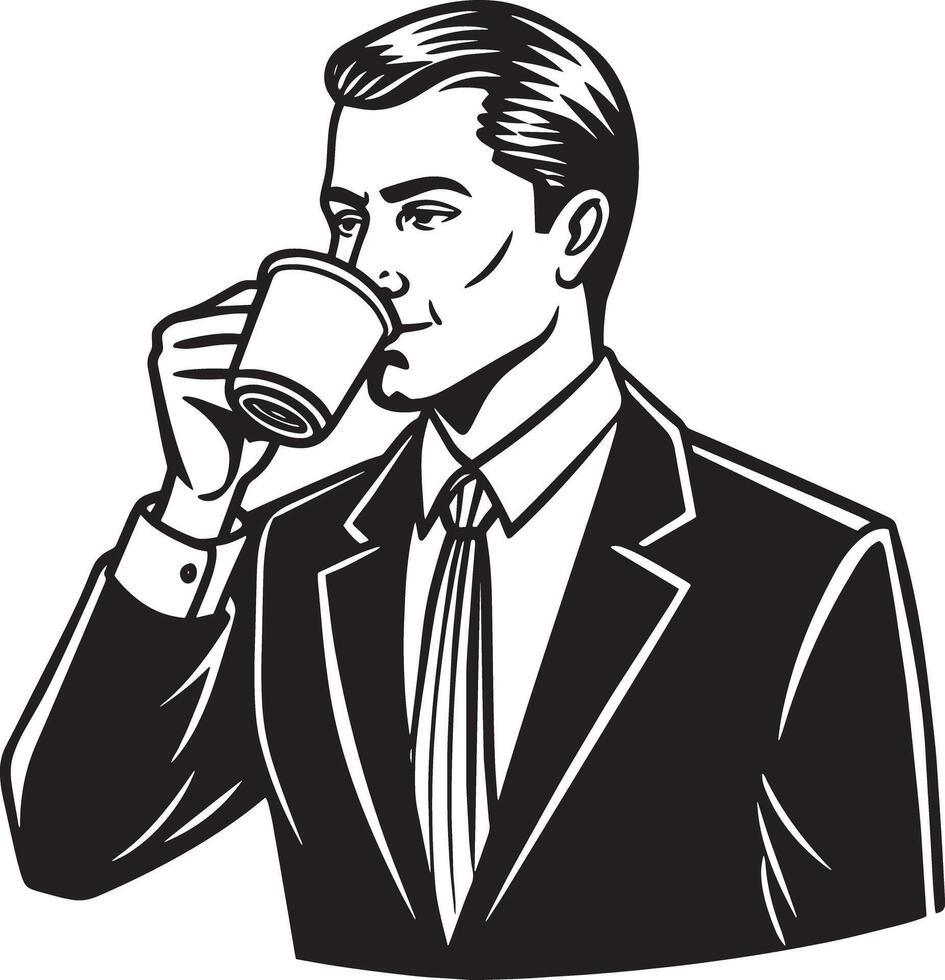 businessman drinking coffee illustration black and white vector