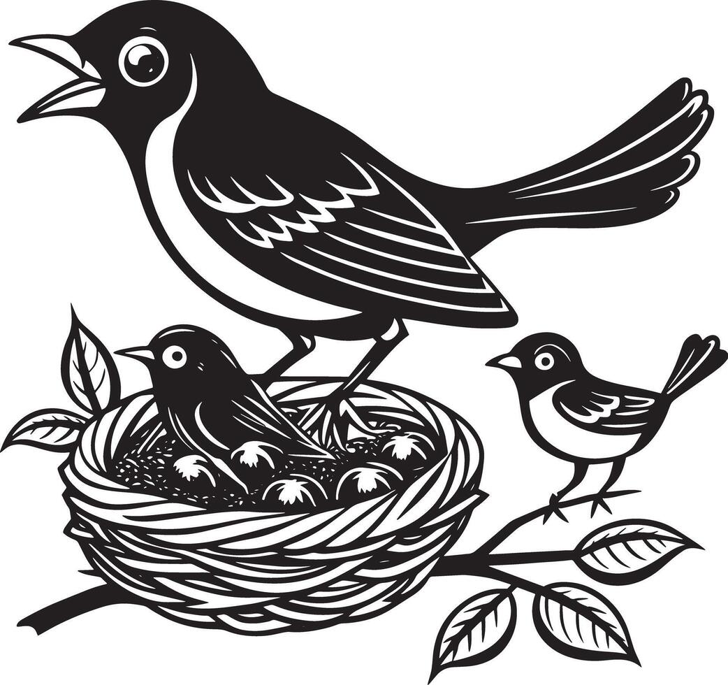 birds on a branch in nest illustration black and white vector