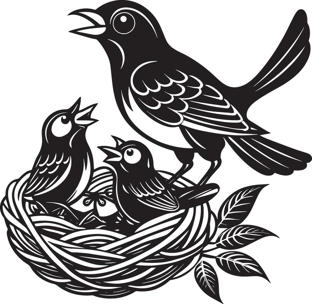 birds on a branch in nest illustration black and white vector