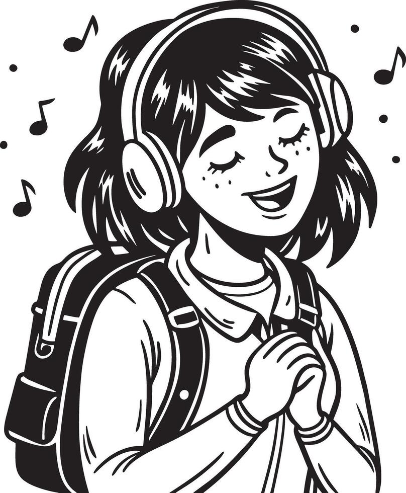 Girl with headphones listening illustration black and white vector