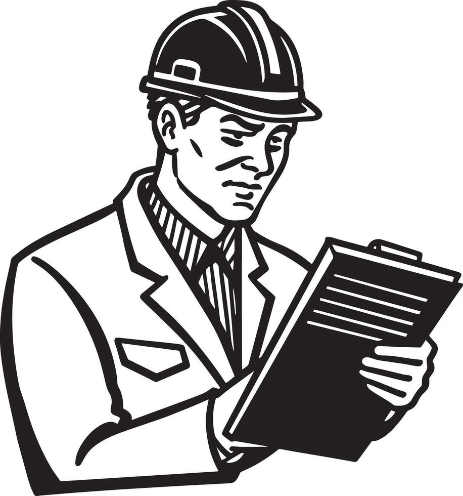 architect with blueprint illustration black and white vector