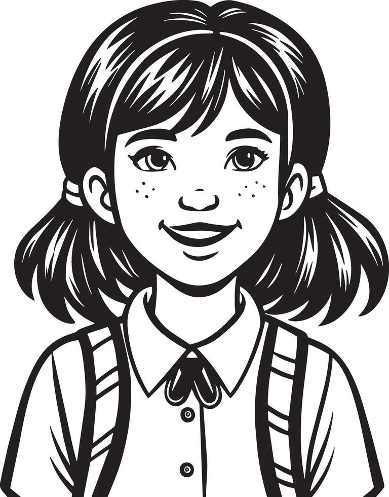 cute little girl with hair illustration black and white vector