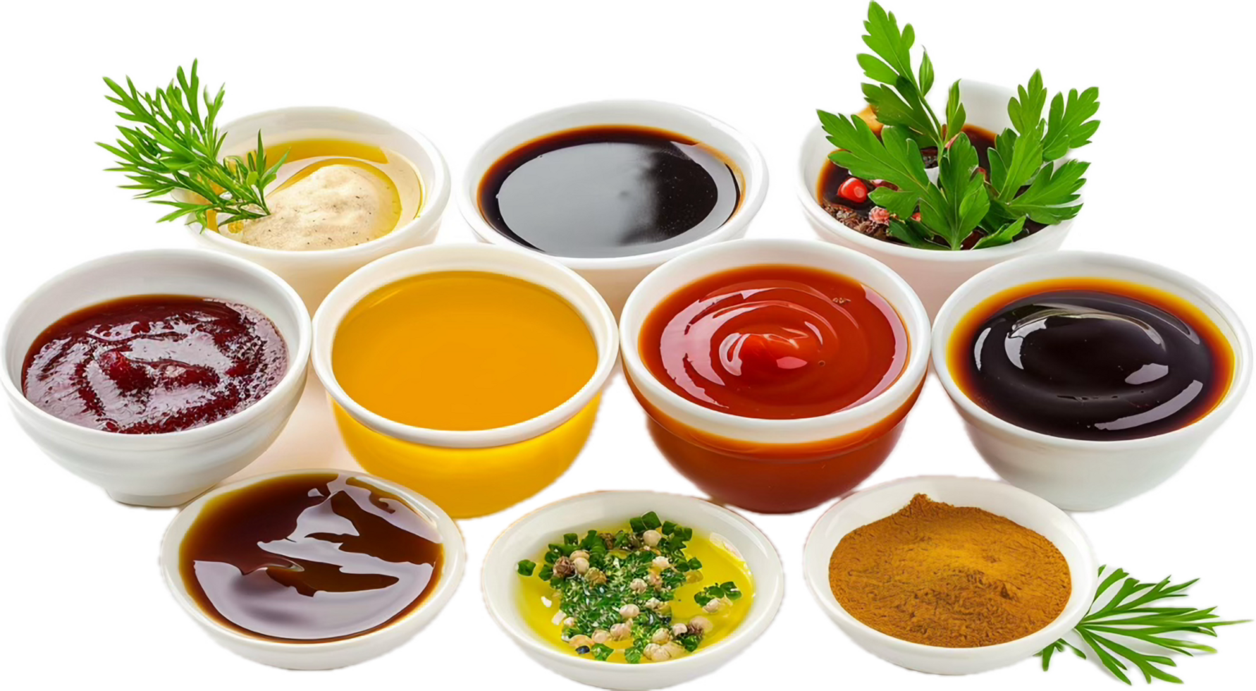 Assorted Sauces and Dips in White Bowls png