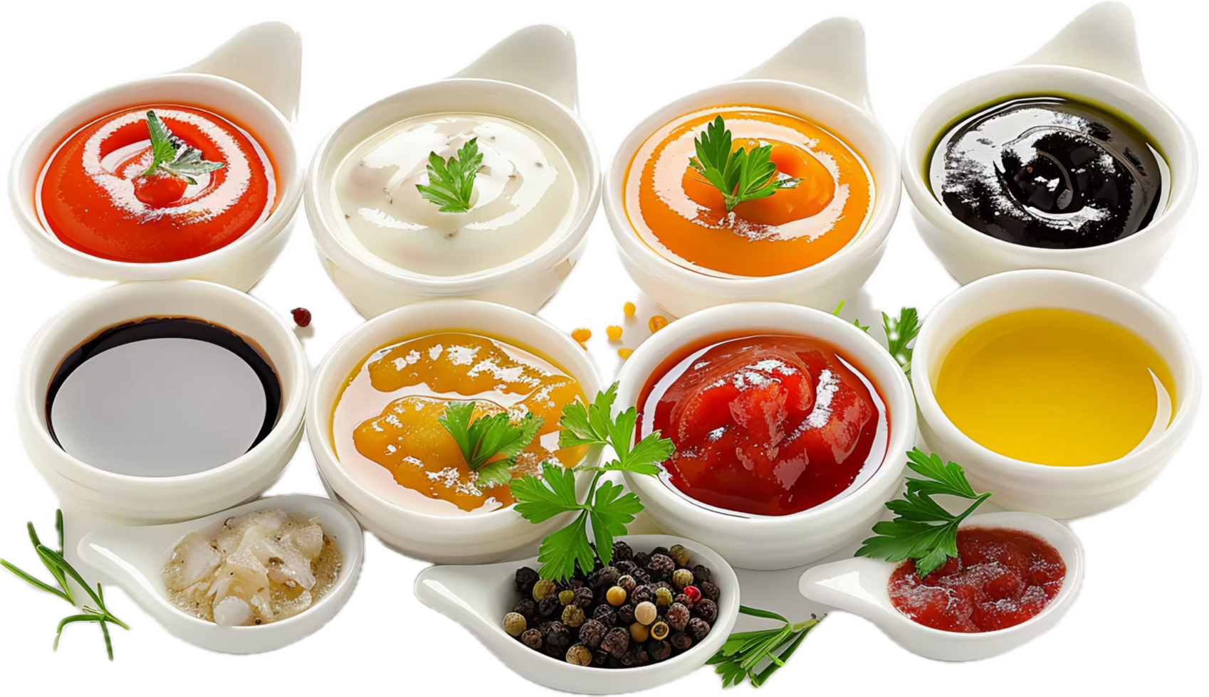 Assorted Sauces and Dips in White Bowls png