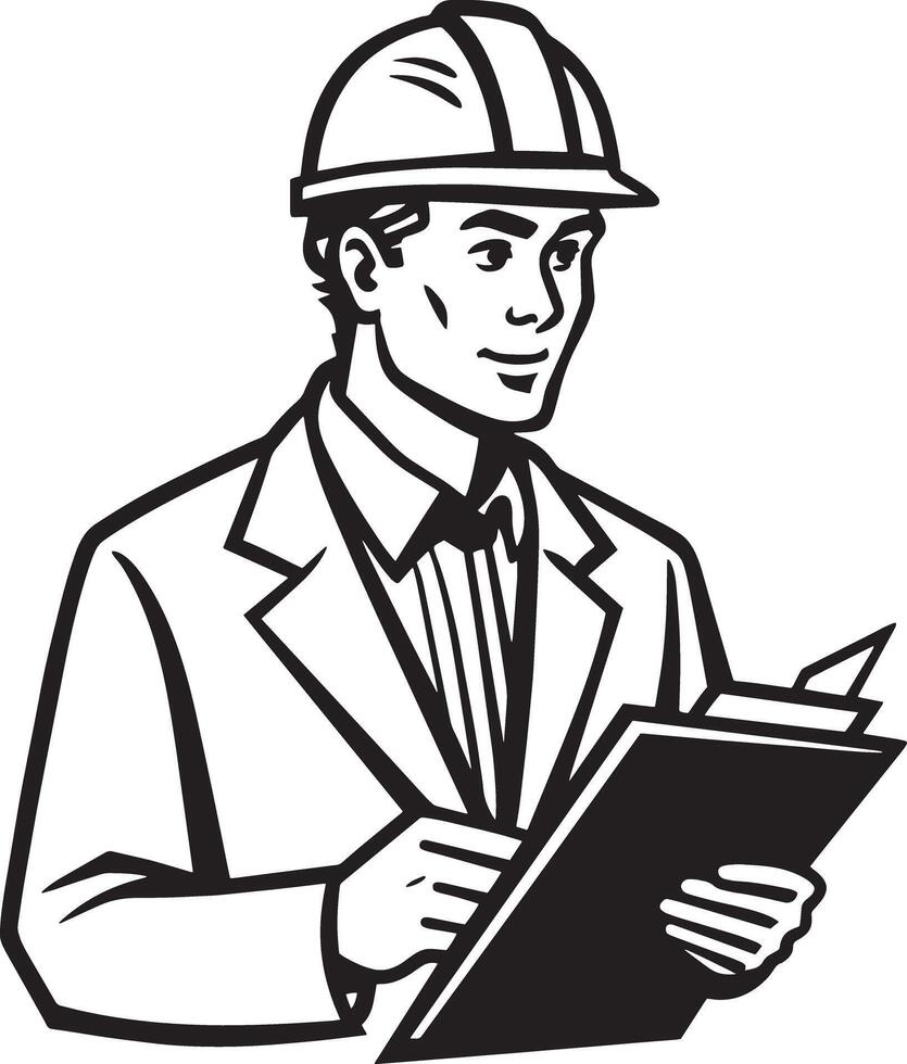 architect with blueprint illustration black and white vector