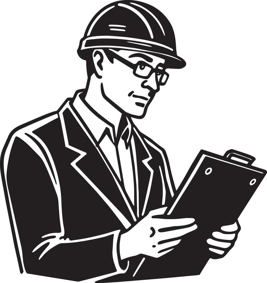 architect with blueprint illustration black and white vector
