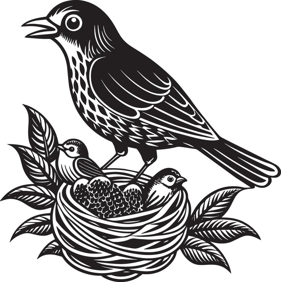 birds on a branch in nest illustration black and white vector
