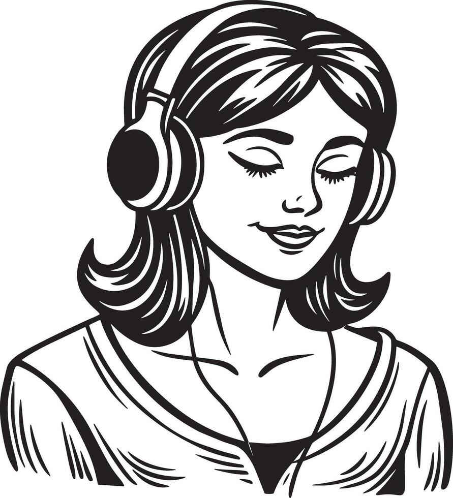 woman wearing headphones illustration black and white vector