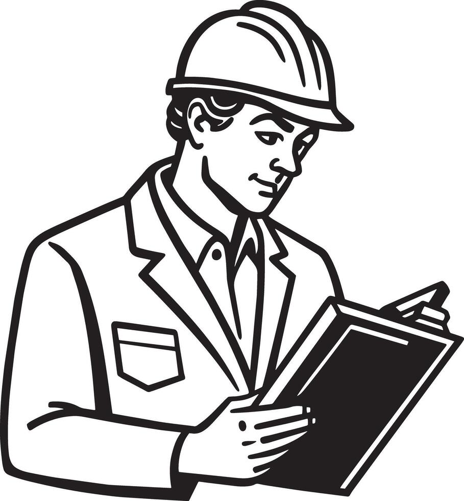 architect with blueprint illustration black and white vector