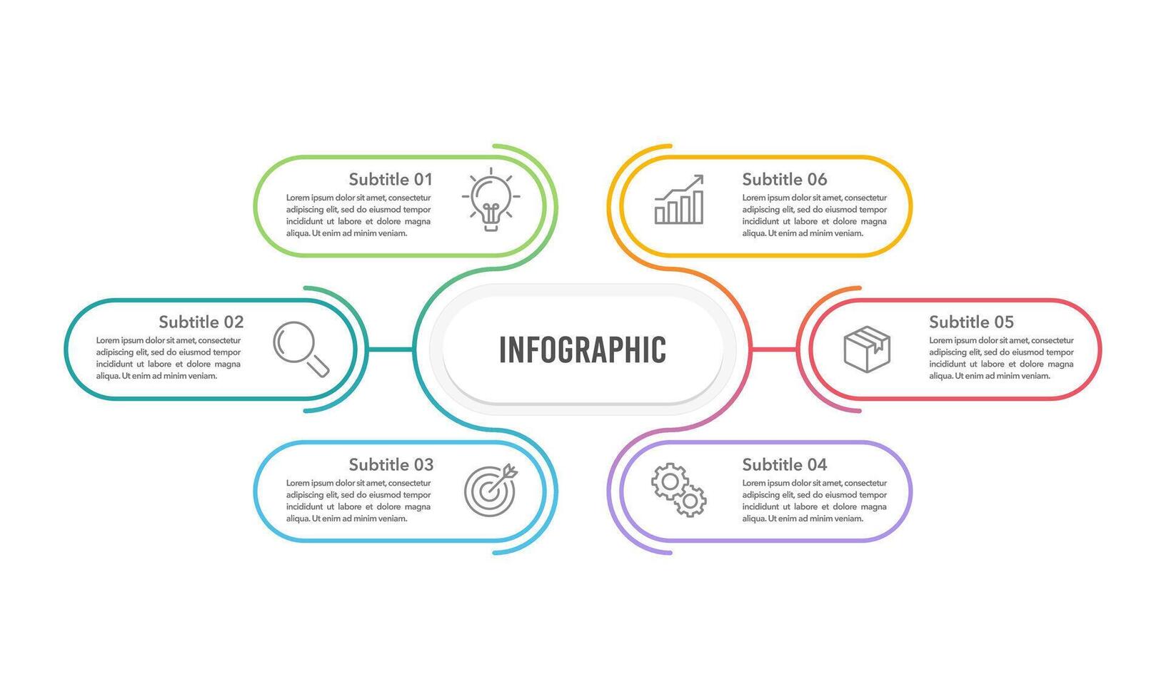 Infographic thin line colorful design template. 6 options or process to success. Business presentation, Organization, Project, Banner, Marketing and Workflow. vector