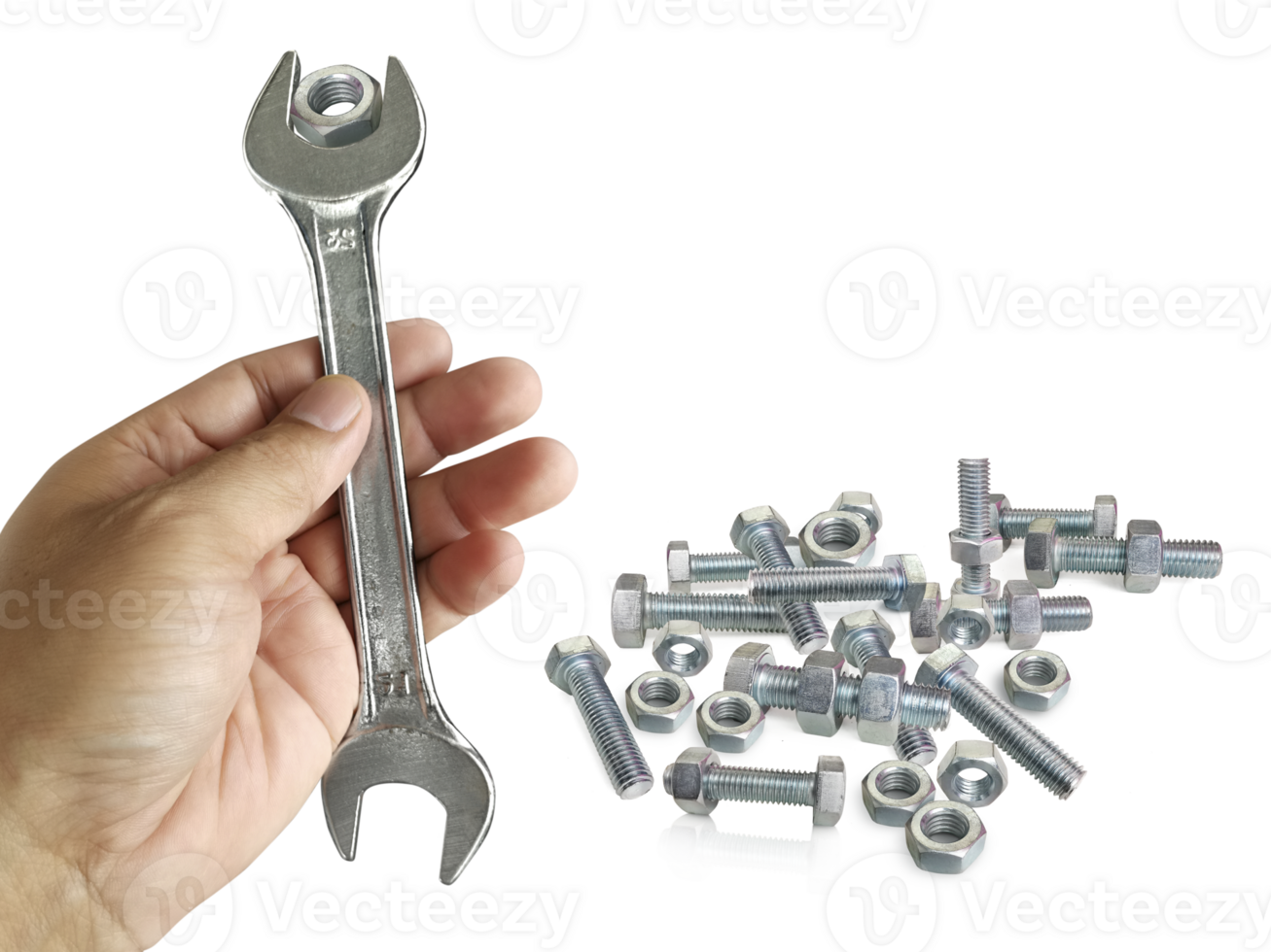 chrome spanner with nut and bolt, transparent background png