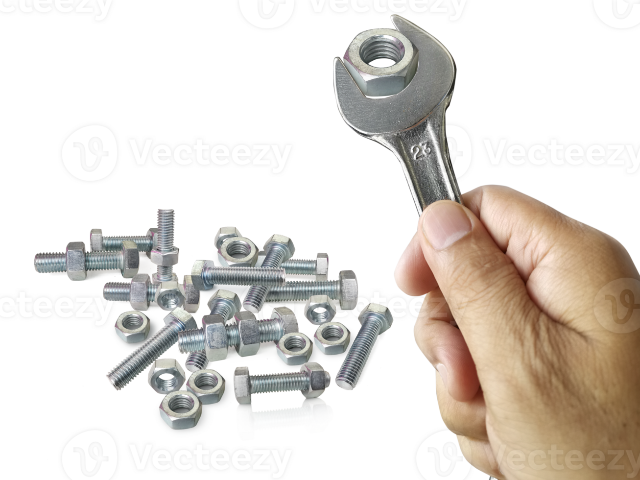 chrome spanner with nut and bolt, transparent background png