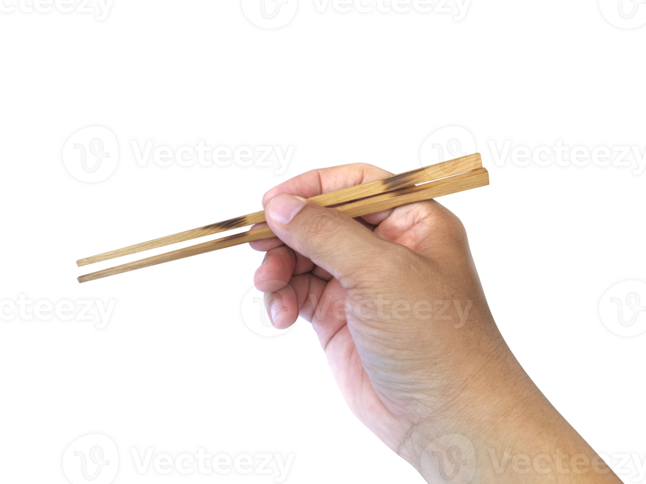 Hand holding wooden chopsticks, transparent background png