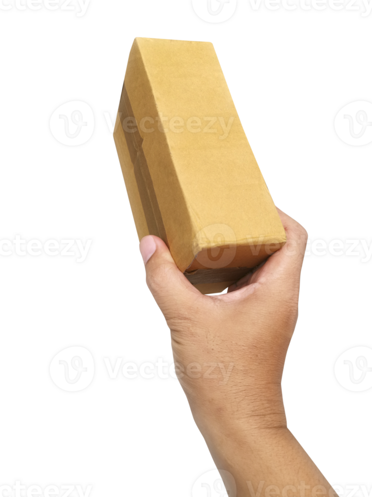 hand holding brown paper box package, transparent background png