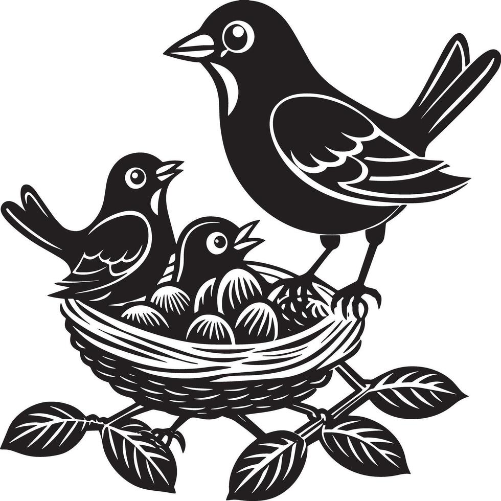 birds on a branch in nest illustration black and white vector