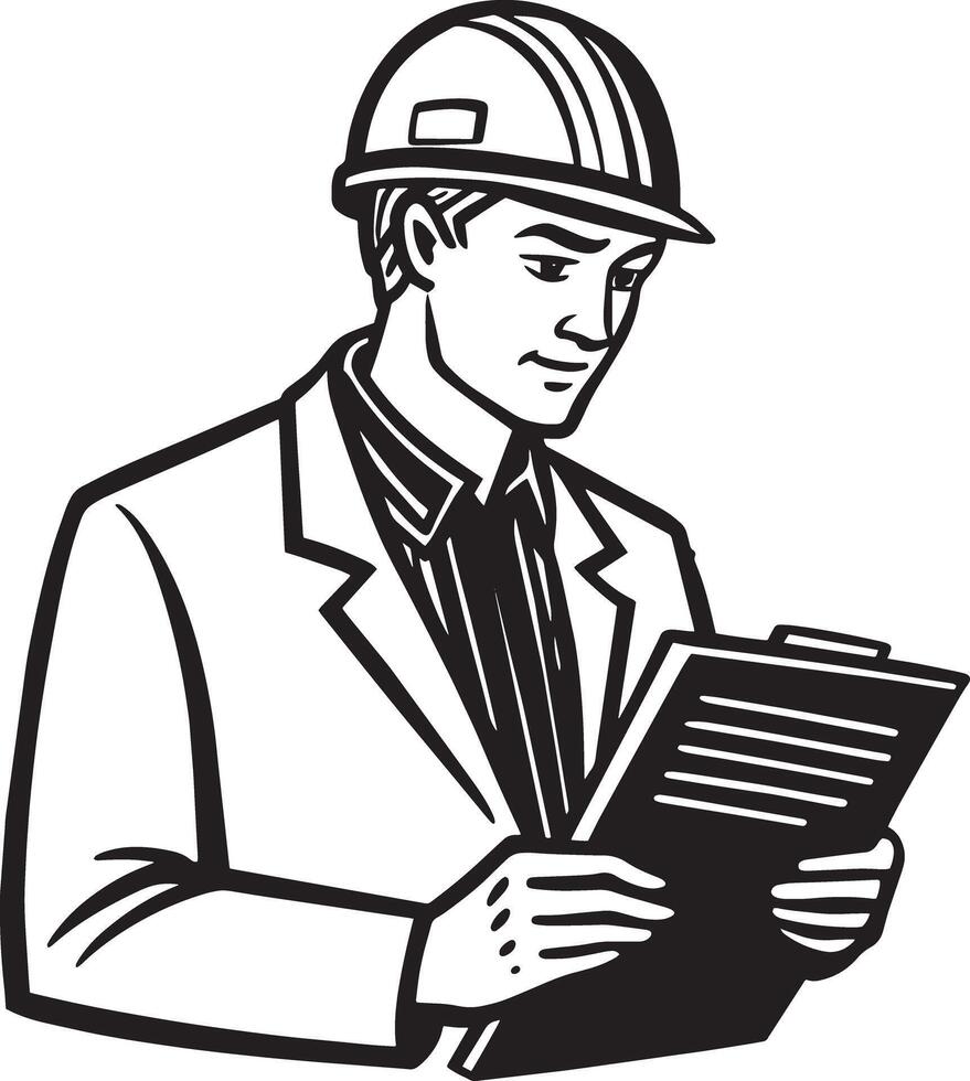 architect with blueprint illustration black and white vector