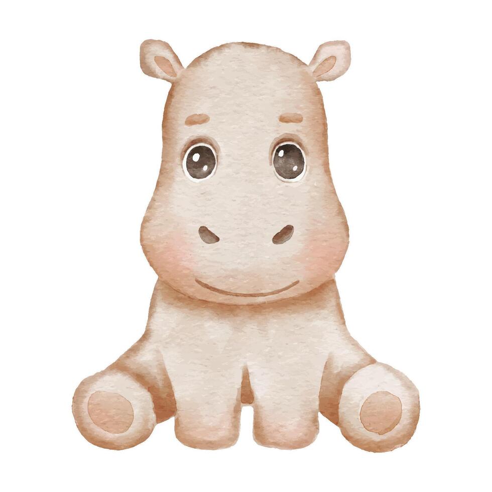 Cute baby watercolor hippo isolated on white background . Animal character sitting vector